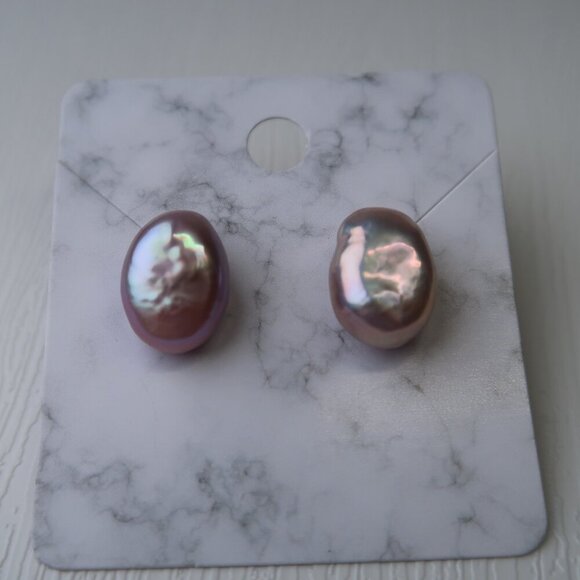Lovely Mauve Oval Shape Natural Freshwater Pearl Studs - Sterling Silver - Picture 5 of 5